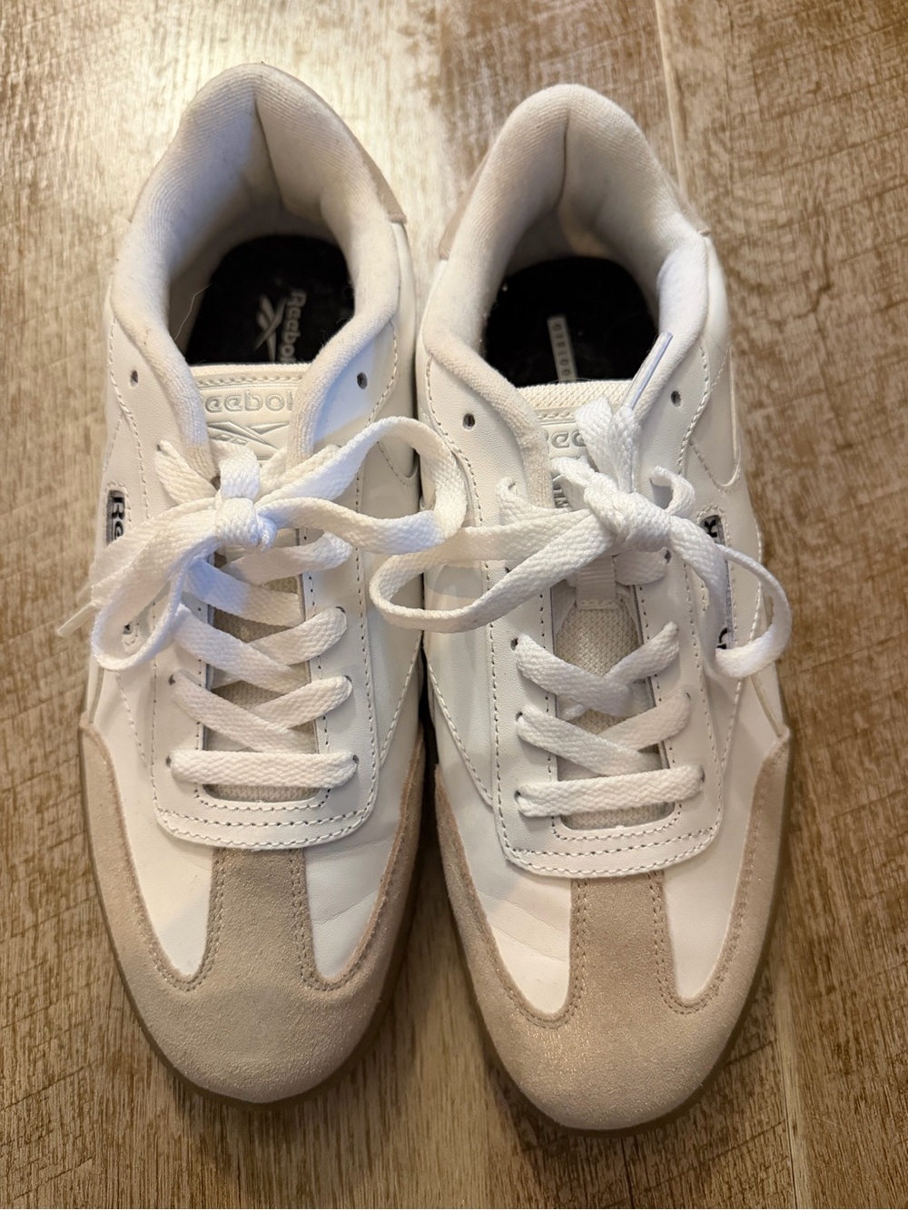 Reebok Women’s White Sneakers with Beige Suede Accents